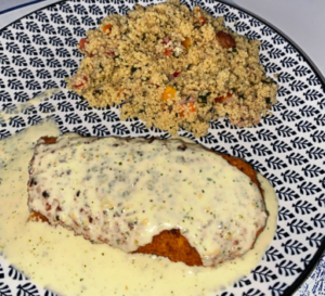Fish schnitzel with garlic mustard sauce